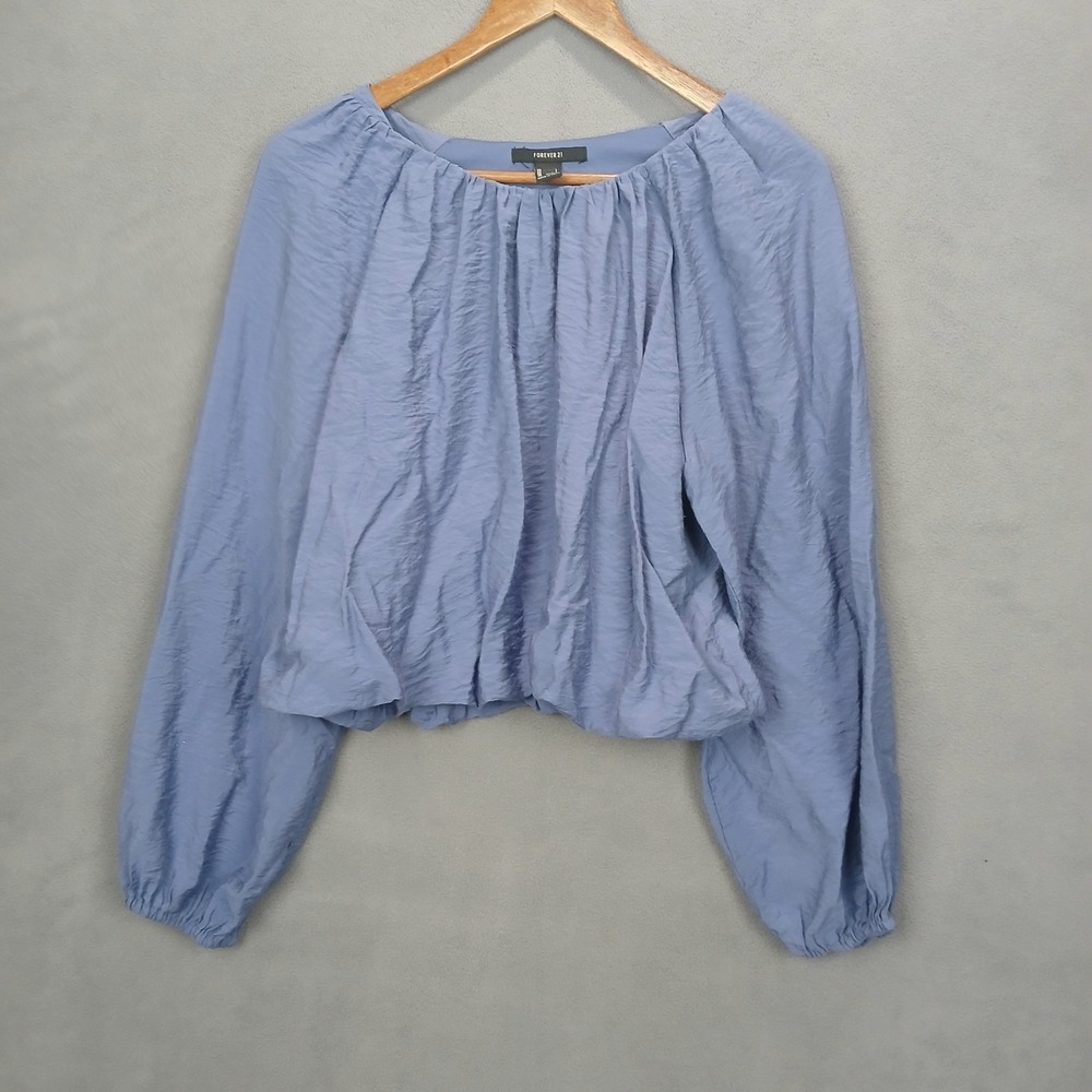 Forever 21 Blouse Top Women Large Blue Viscose Crinkle Balloon Sleeve Bubble Hem